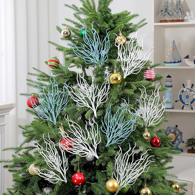 8 Pcs Blue White Coastal Ornaments for Christmas Tree 15.7inch Glitter Coral Beach Ocean Spray Pick Branch Christmas Tree Topper Decorations Filler Twigs for Xmas Vase Wreaths Gift