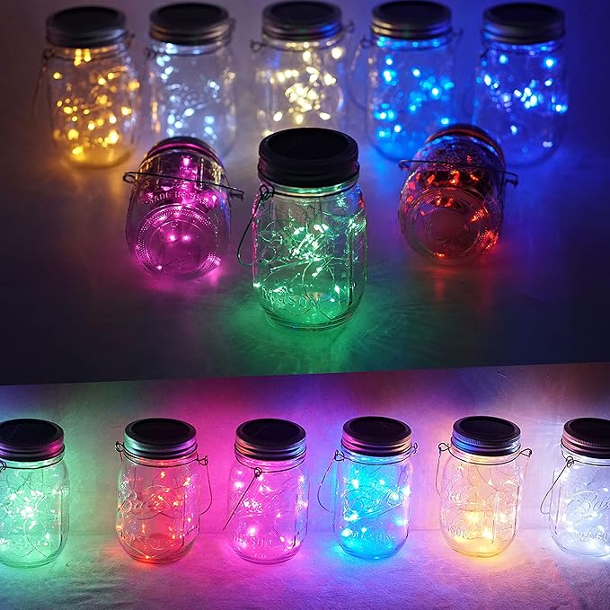 Upgraded Solar Mason Jar Lights, 8 Pack 10 LED Waterproof Fairy Firefly Jar Lids String Lights with Hangers(Jars not Included), Patio Yard Garden Wedding Easter Decoration - 8 Colors