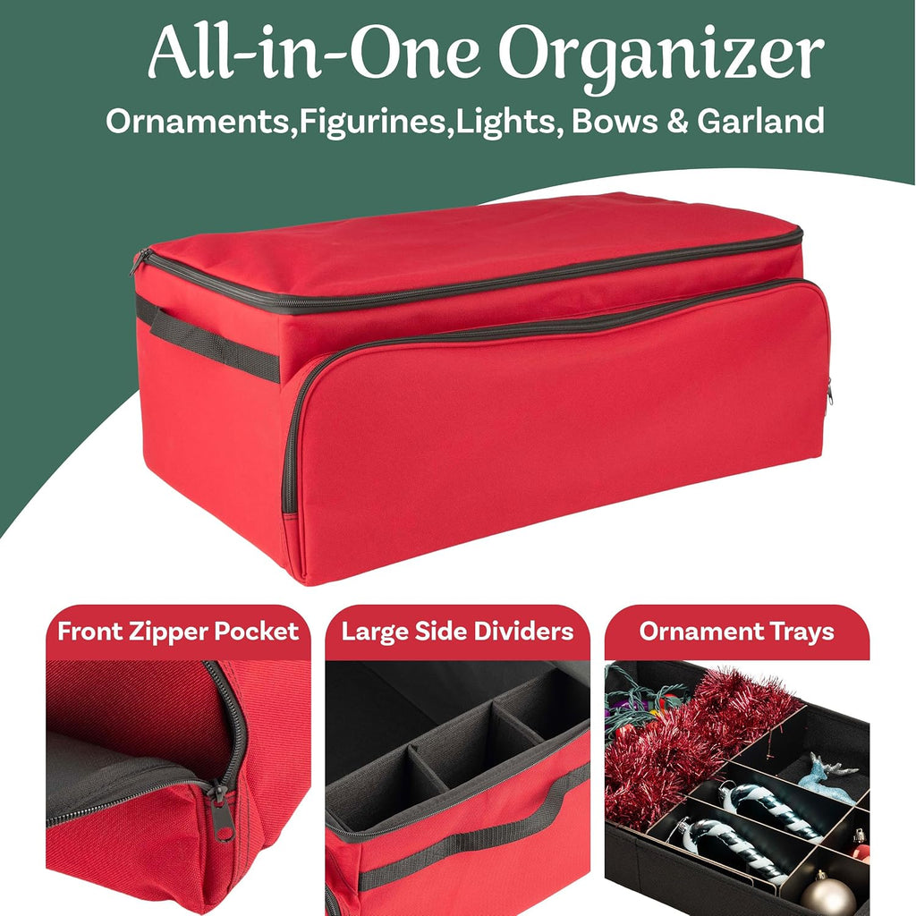 Christmas Ornament Storage Box - Christmas Ornament Organizer Storage Box with 3 Trays, Adjustable Grids, and Large Front Zipper Pocket - Fits up to 72 Bulbs and Decorations by Elf Stor (Red)
