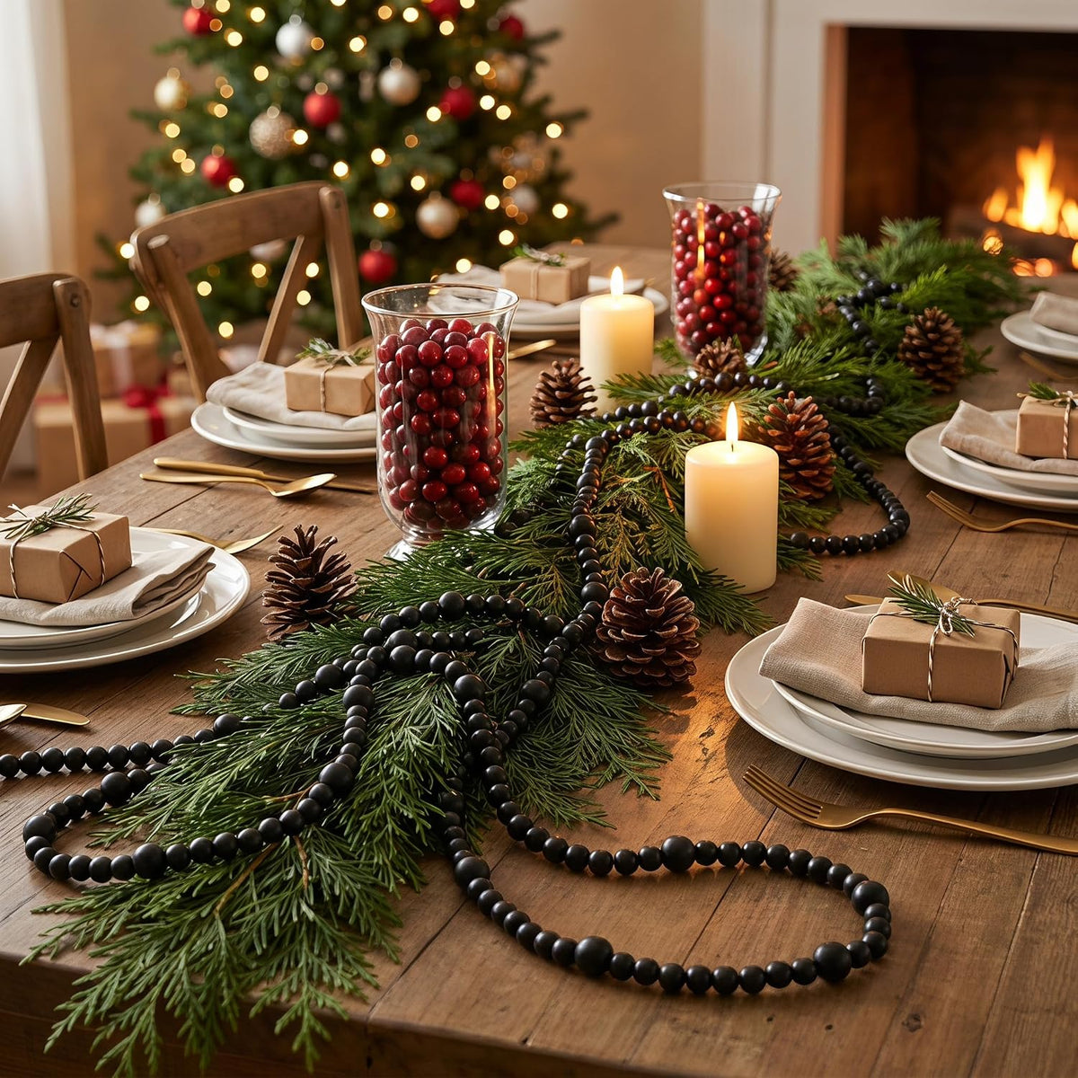 48ft christmas wood bead garland rustic holiday decor, side view