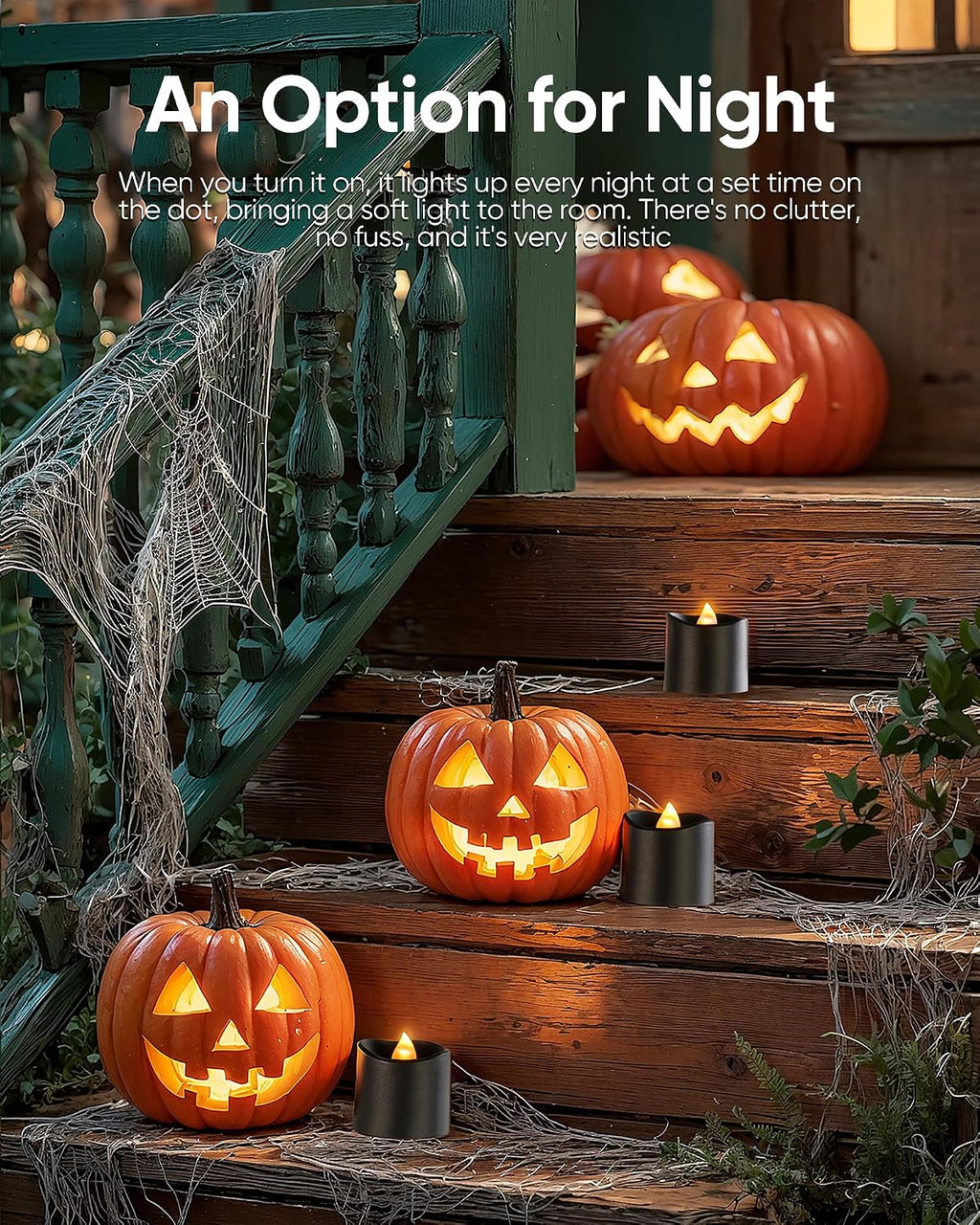 Homemory 12Pack 400+Hour Remote Control Flameless Candles, 2/4/6/8H Timer Led Votive Candles, Battery Operated Tea Lights for Wedding Table Centerpiece, Holidays, Halloween Pumpkins-Black Base
