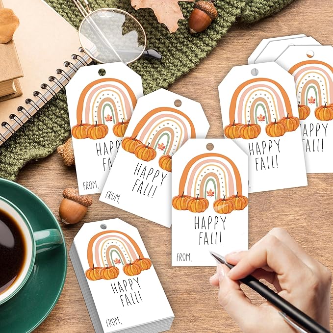 50 Pcs Fall Gift Tags, 2.1"×3.5" Autumn Bohemian Rainbow Thank You Gift Tags for Party Favors, Pumpkin Thanksgiving Gifts Tags for Party Favor - B11