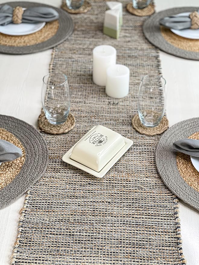 Chardin home Natural Jute Table Runner 13x72 Inch – Vintage Boho Rustic Table Decor – Handwoven Table Runner in Natural Jute and Grey – Farmhouse Dining or Console Table Accent