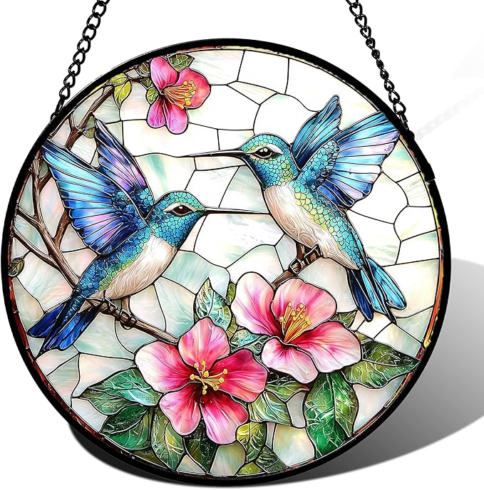 Stained Glass Window Hanging - Blue White Hummingbirds Pink Flowers Suncatcher for Door Terrace Garden Home Decor Bird Sun Catcher Birthday Gifts for Lovers Women Men Dad Mom Nana 15 in
