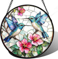 Stained Glass Window Hanging - Blue White Hummingbirds Pink Flowers Suncatcher for Door Terrace Garden Home Decor Bird Sun Catcher Birthday Gifts for Lovers Women Men Dad Mom Nana 9.8 in