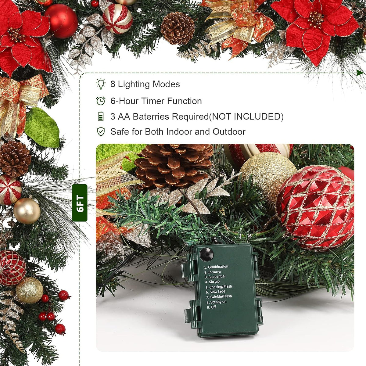 garvee 6 ft pre-lit christmas garland with 20 shown in use