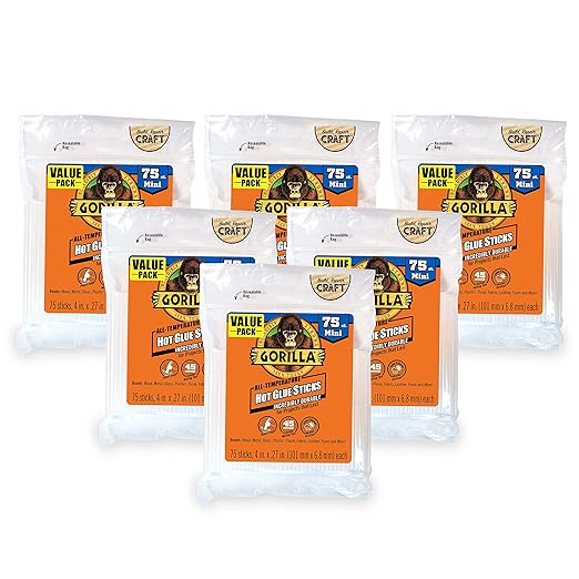 Gorilla Hot Glue Sticks, Clear Glue, Mini Size 4" Long x 0.27" Diameter, 75 Count (Pack of 6) - Safe for All Temperatures with Extended Working Time