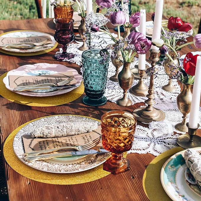 50 Pieces Gold Glitter Paper Place Mats Sparkle 14'' Round Disposable Table Mats Golden Sequin Doilies Decorative Placemats for Wedding Banquet Party Home Dining Tableware
