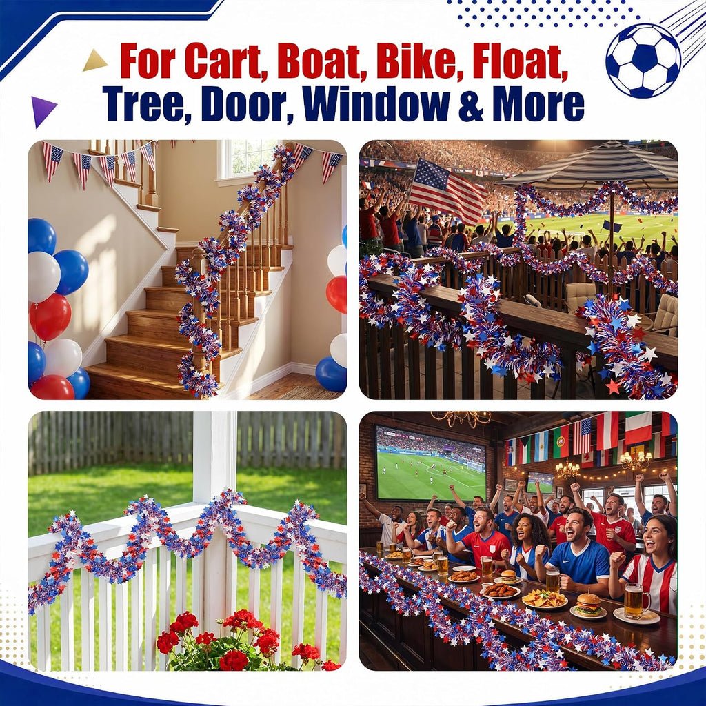 50ft Patriotic Star Tinsel Garland, Tinsel Banner for USA 250th Anniversary July 4th Decorations