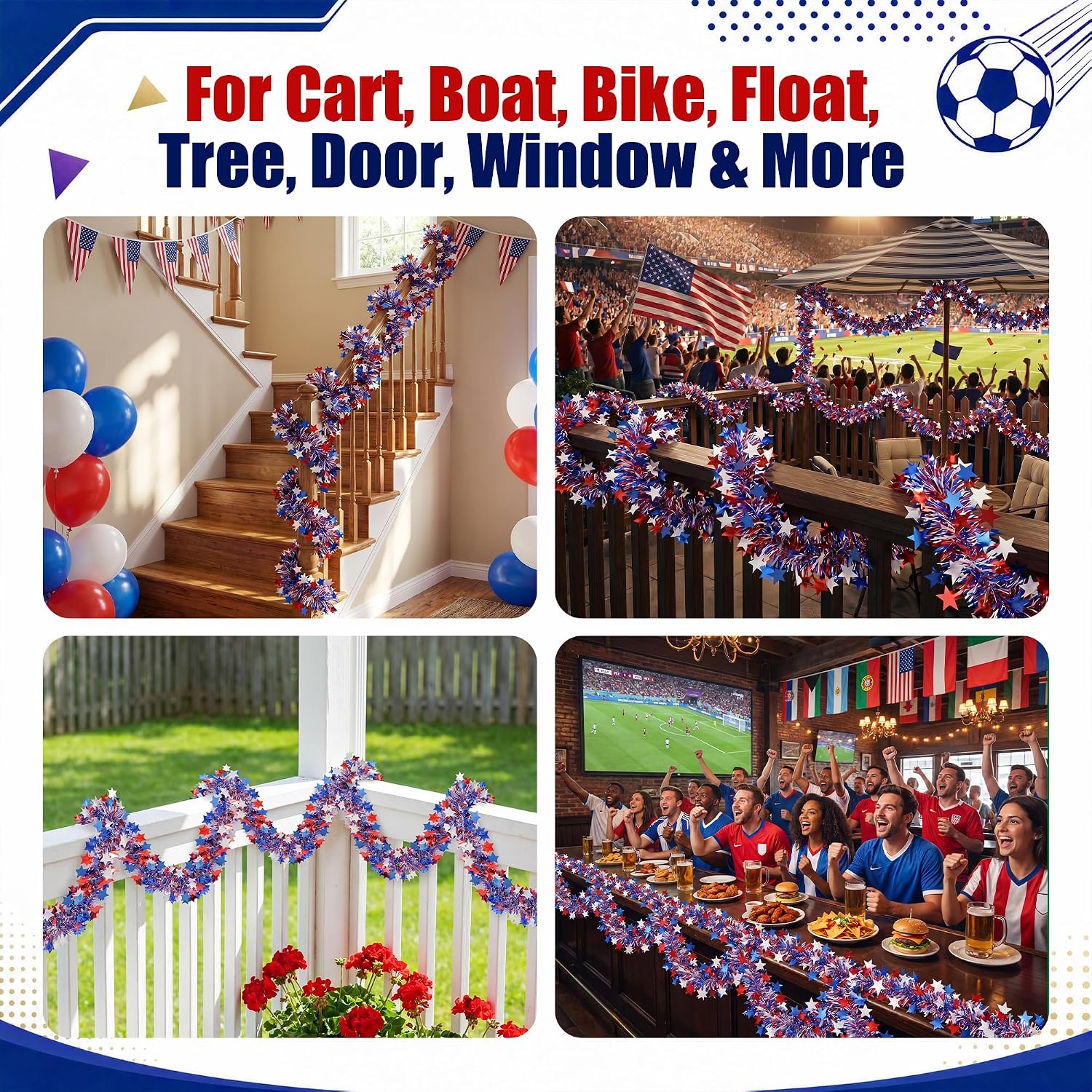 50ft Patriotic Star Tinsel Garland, Tinsel Banner for USA 250th Anniversary July 4th Decorations