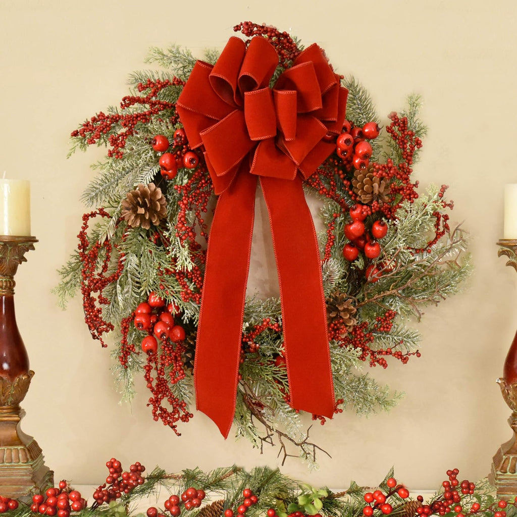 Set of 4 Wired Holiday Red Velvet Christmas Bows - 14 Loops - Outdoor Use - Lasting Color - Hand Tied in The US by Floral Designers