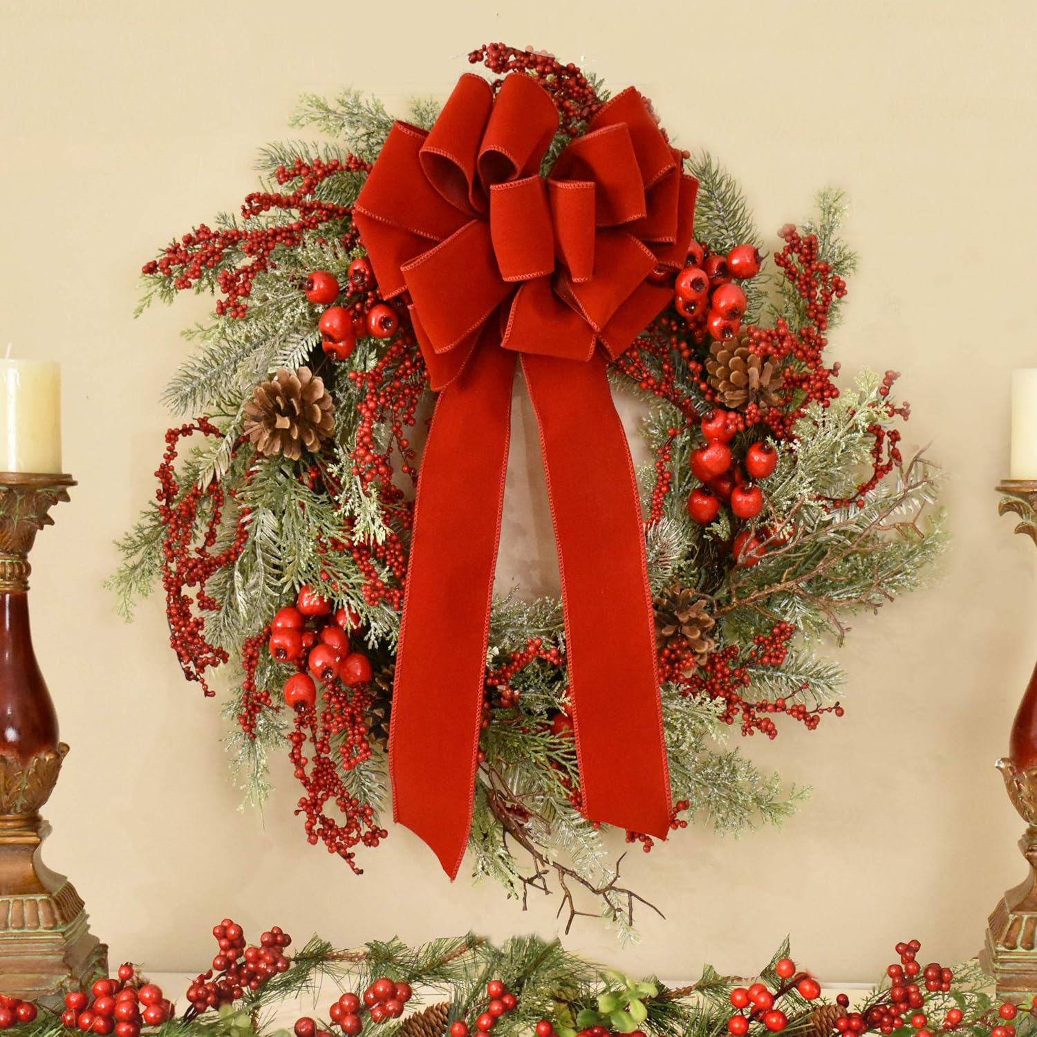 Set of 4 Wired Holiday Red Velvet Christmas Bows - 14 Loops - Outdoor Use - Lasting Color - Hand Tied in The US by Floral Designers
