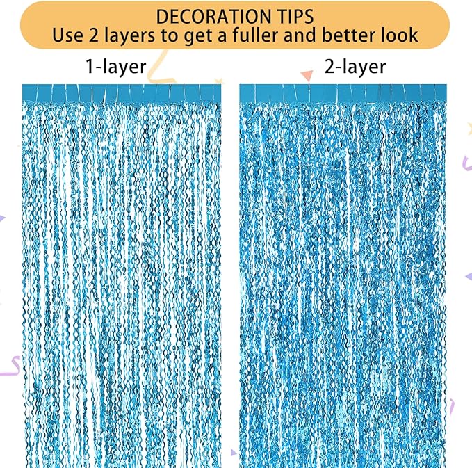 3 Pack Blue Wavy Tinsel Foil Fringe Curtain - 6.6 ft x 3.3 ft Foil Backdrop Photo Booth Props for Mermaid Birthday Under The Sea Party,Baby Shark Birthday Decorations