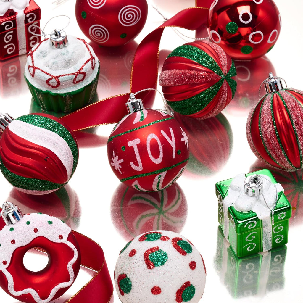 Valery Madelyn Christmas Tree Ornaments Set, 16ct Candy Cane Red Green White Shatterproof Christmas Tree Decorations Bulk, 2.36 Inch Decorative Hanging Ball Ornament for Xmas Trees Holiday Decor