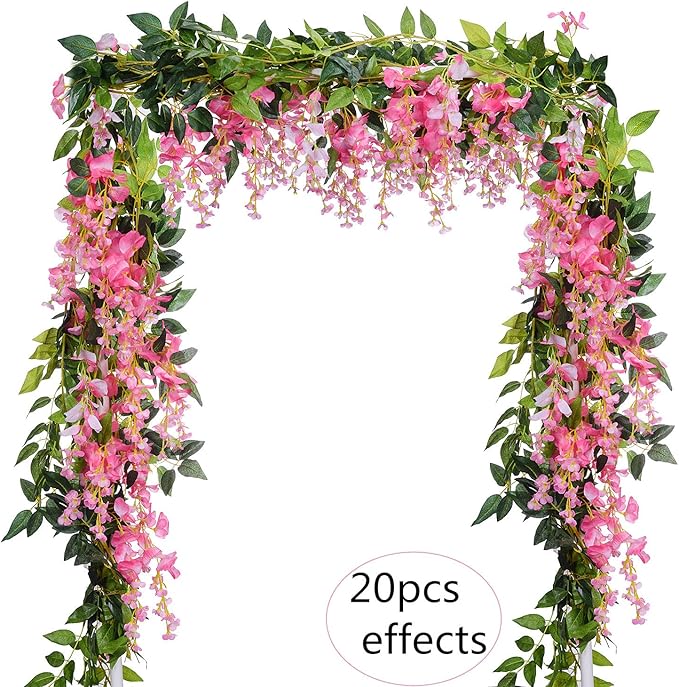 DearHouse 4Pcs 6.6Ft/Piece Artificial Flowers Silk Wisteria Garland Artificial Wisteria Vine Rattan Silk Hanging Flower for Home Garden Outdoor Ceremony Wedding Arch Floral Decor(Pink)