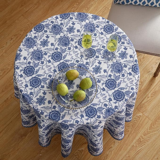 patdrea Designer Linen Blue Small Tablecloth for Round Table,Vintage Durable Paisley Pattern Table Cloth,Floral Cover Fall Decor for Kitchen Dining Christmas,Thanksgiving,Diameter 55"-Lantang a