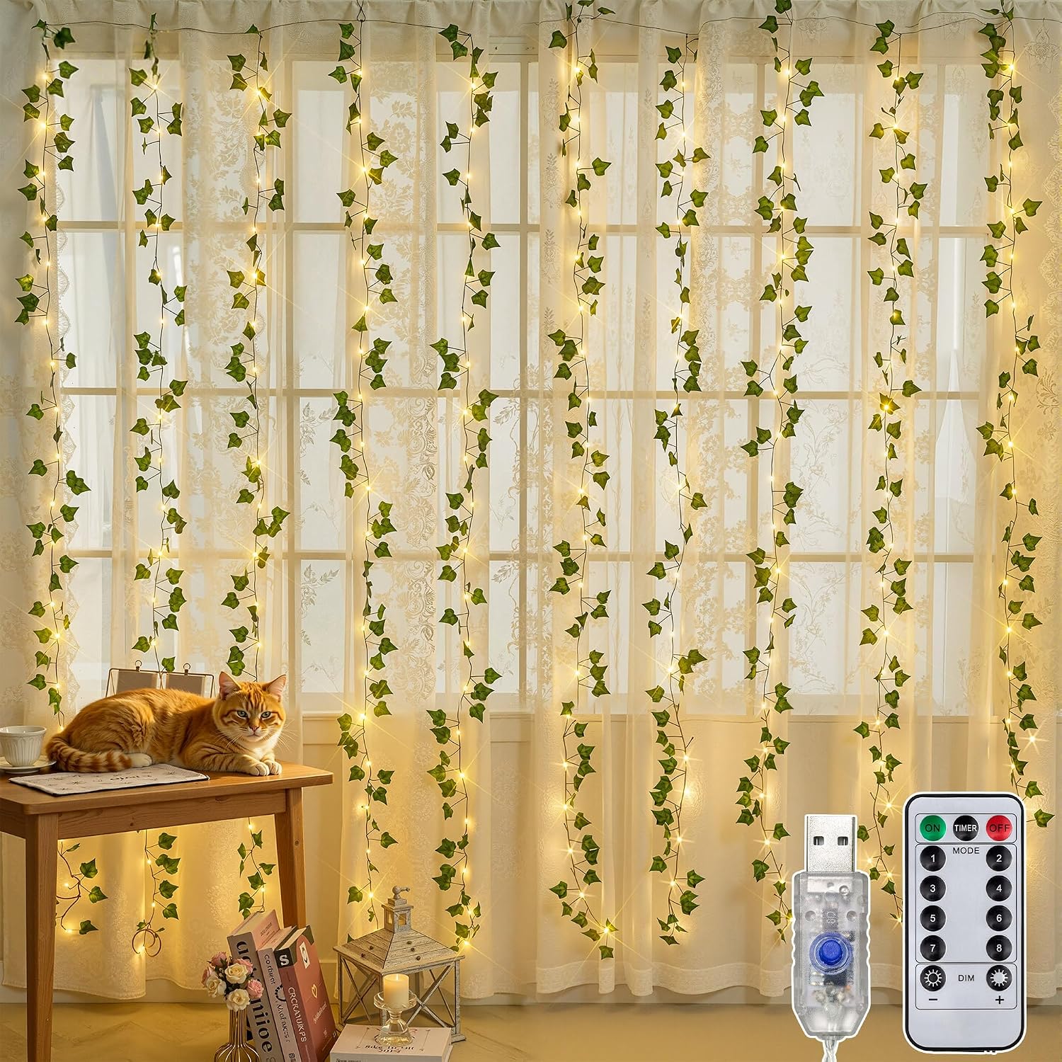 Ivy Vines with Fairy Lights, 200 LED Vine Lights with Remote and 8 Lighting Modes, Ivy Curtain Lights for Bedroom Wall Wedding Party Garden Decor, 6.6ft x 6.6ft