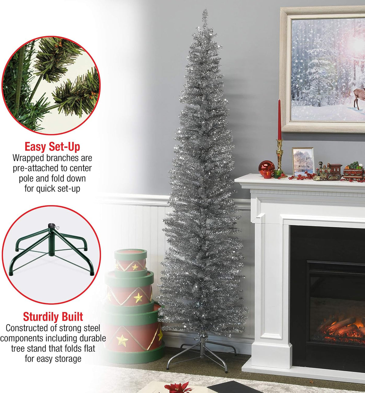 national tree company 7ft unlit silver tinsel artificial, side view