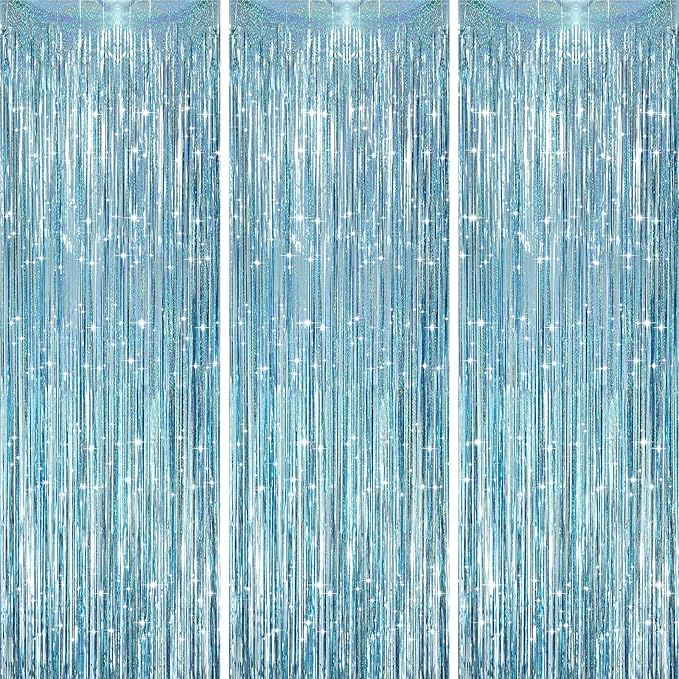 3 Pack 3.3 x 8.2 ft Laser Blue Foil Fringe Backdrop Curtains, Tinsel Streamers Party Decorations, Fringe Backdrop