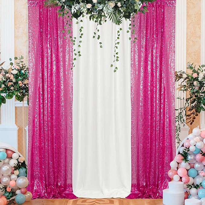 ShinyBeauty 4x10ft Fuchsia Sequin Backdrop | 2 Panels Glitter Curtains for Wedding, Parties, and Photography Backgrounds