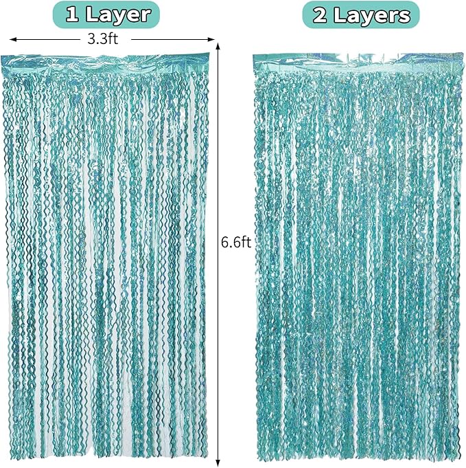 4 Pack 3.3 ft x 6.6 ft Wavy Sparkle Aqua Teal Blue Foil Curtain - Water Blue Foil Streamers for Holiday Bachelorette Ocean Themed Decor Winter Party Decorations Supplies