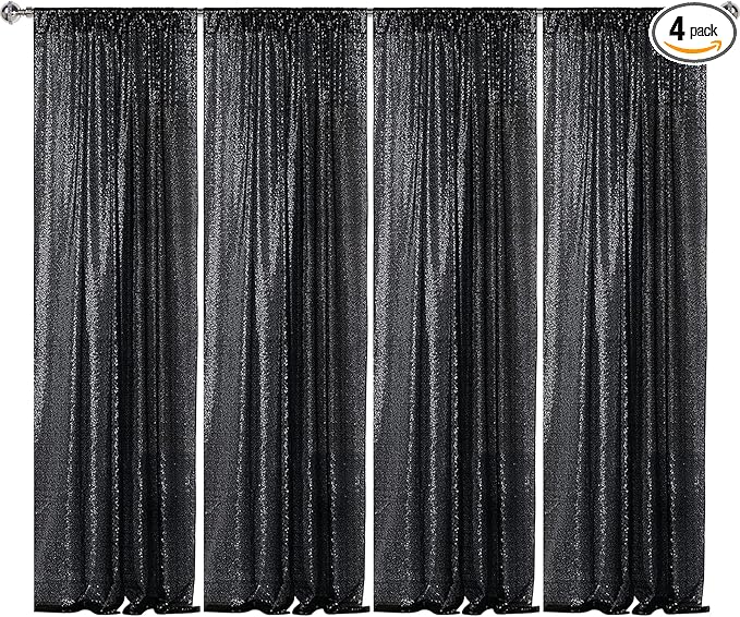 Sugargirl Halloween Black Sequin Backdrop Curtain 4 Panels 2FTx8FT Glitter Black Background Drapes Sparkle Photography Backdrop for Party Wedding Birthday Wall Decoration