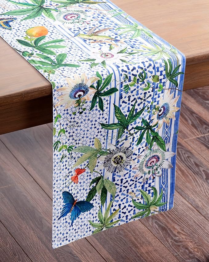 Maison d' Hermine Table Runner 100% Cotton Double Layer Table Runners 108 inches Long Decorative for Home Kitchen Dining Party Wedding Bridal Shower Spring Summer (Passiflora, 14.50" x 108")