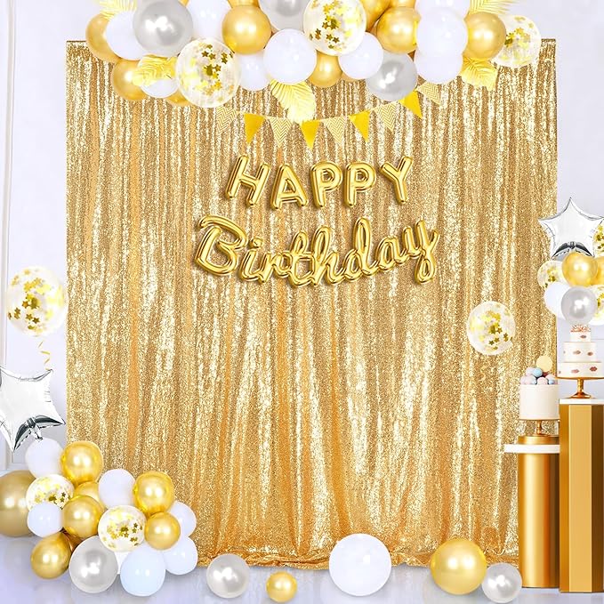 QueenDream Gold Sequin Backdrop Curtain Party Decorations: 10ft x 10ft Glitter Background Sequin Fabric for Wedding Birthday Ceremony