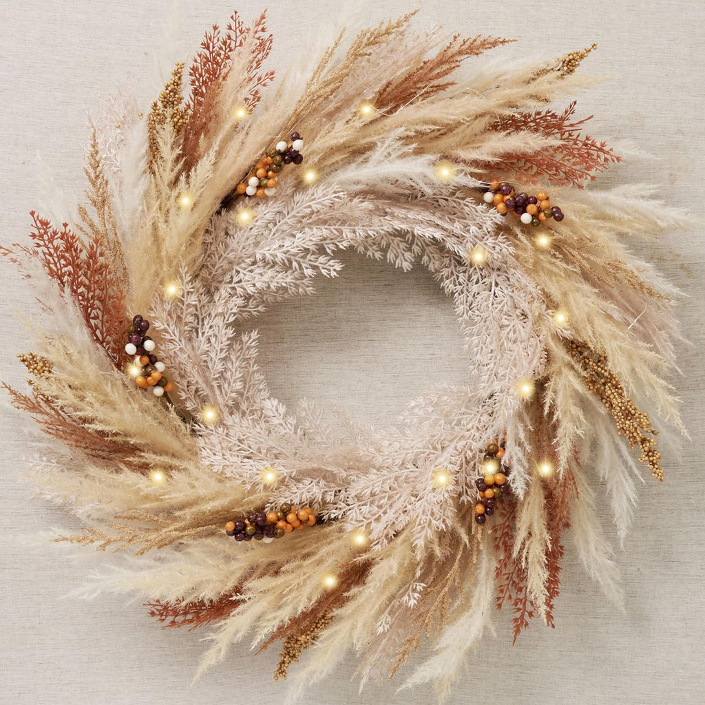 decorbyhannah 24'' neutral fall pampas wreath with lights, main product view