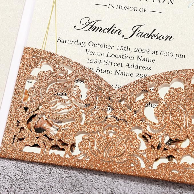 DORIS HOME 50pcs Laser Cut Quinceanera Invitations Terracotta Glitter, 4.7x7.1 Personalized Quince Invitations for 15th Birthday, Invitation cards for Sweet 16 with Envelopes