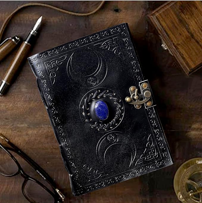 cuero 3 Moon Blue Lapiz Embossed Vintage Leather Journal | 240 Pages of Antique Handmade Deckle Edge Vintage Paper, Leather Sketchbook, Drawing Journal, Great Gift (6 inch by 8 inch, black)