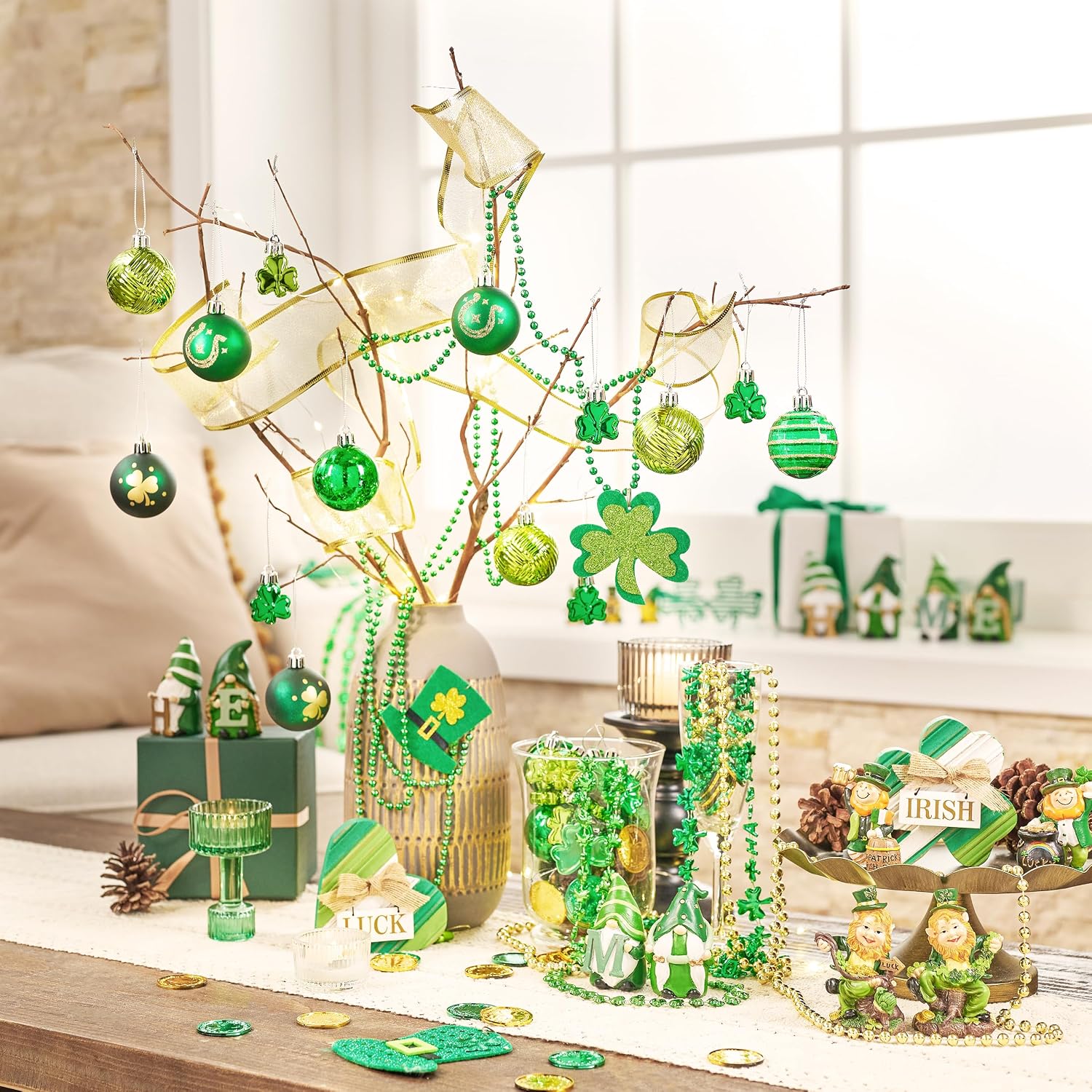 Valery Madelyn St Patricks Day Decorations Shamrock Tree Ornament Set, 36ct 2inch Hanging Ball Ornament Irish Festival Decor, Good Luck Clover Green Gold Christmas Ball for Party Home Spring