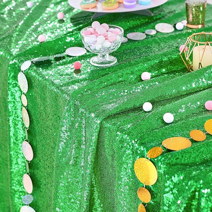 QueenDream 60x102 Inches Green Table Clothes for Parties Birthday Wedding Sequin Tablecloth Cake Table Holiday Banquet Decoration