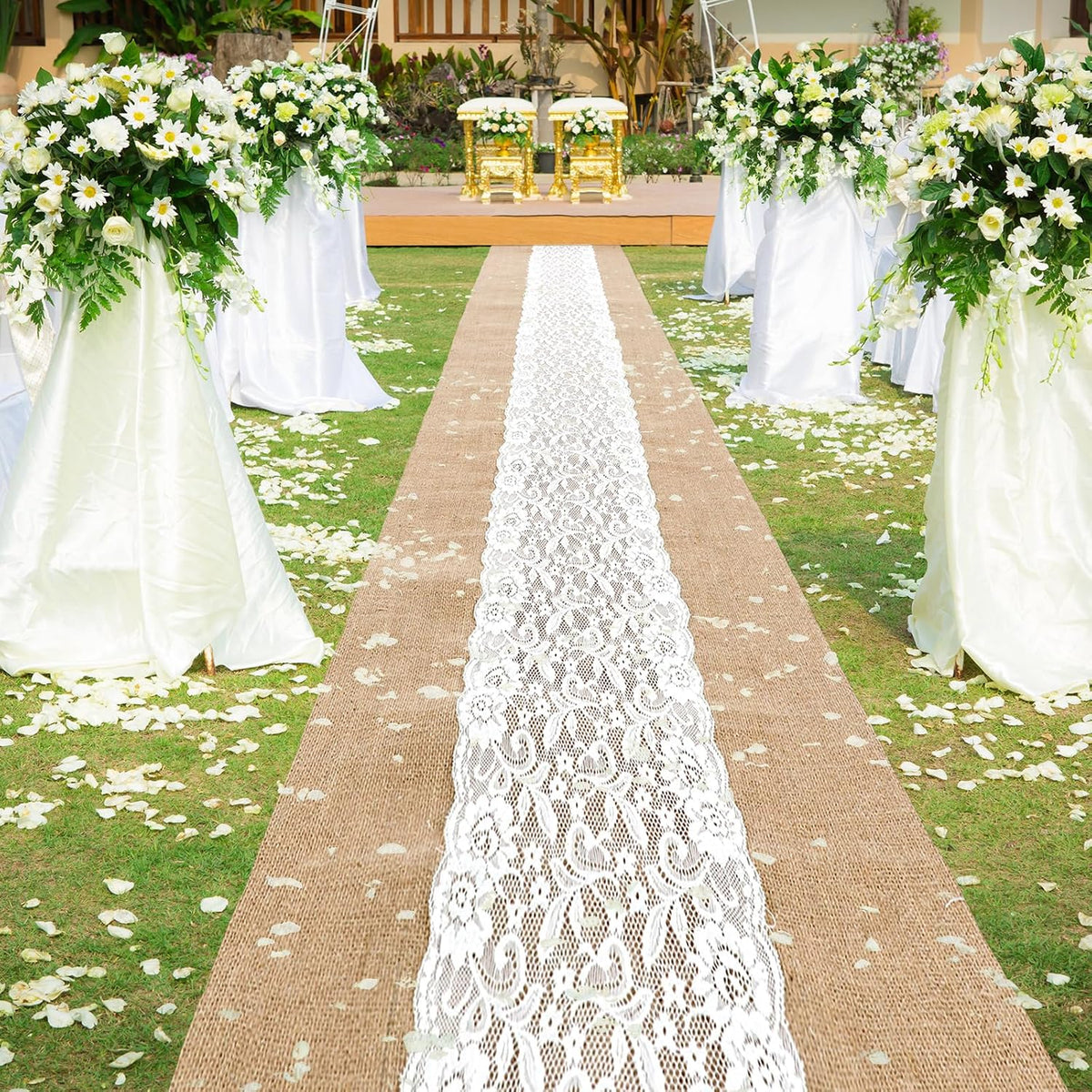 Preboun 3ft X 20 ft Aisle Runner for Wedding Ceremony, Lace Burlap Style