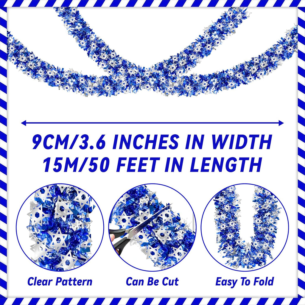 Palonu 50 Feet Hanukkah Decorations Tinsel Garland Glitter Twist Garland Metallic Menorah Ornaments Blue Metallic Streamers with Silver Star, Indoor Outdoor Chanukah Decorations Home Party Supplie