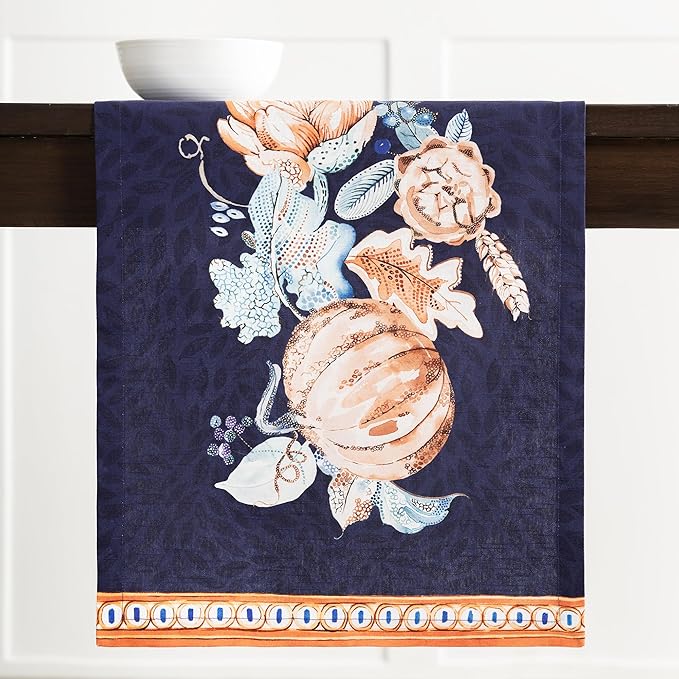 Maison d' Hermine Table Runner 100% Cotton Single Layer Table Runners 108 inches Long for Thanksgiving Christmas Decorations Home Kitchen Dining Party Wedding (Pumpkin Blues, 14.5" x 108")