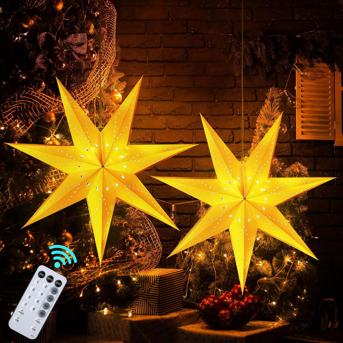 Hiboom 2 Pack Paper Star Lantern 24 Inch, 8 Mode 50 LEDs Firework Fairy Strin...