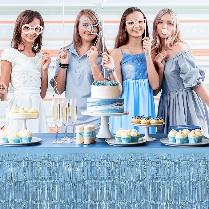 8 Pack Light Blue Table Skirts, 29x108" Metallic Foil Tinsel Fringe Table Skirts for Rectangle Tables Streamer Curtains Backdrop, Party Decorations for Birthdays Weddings Holidays