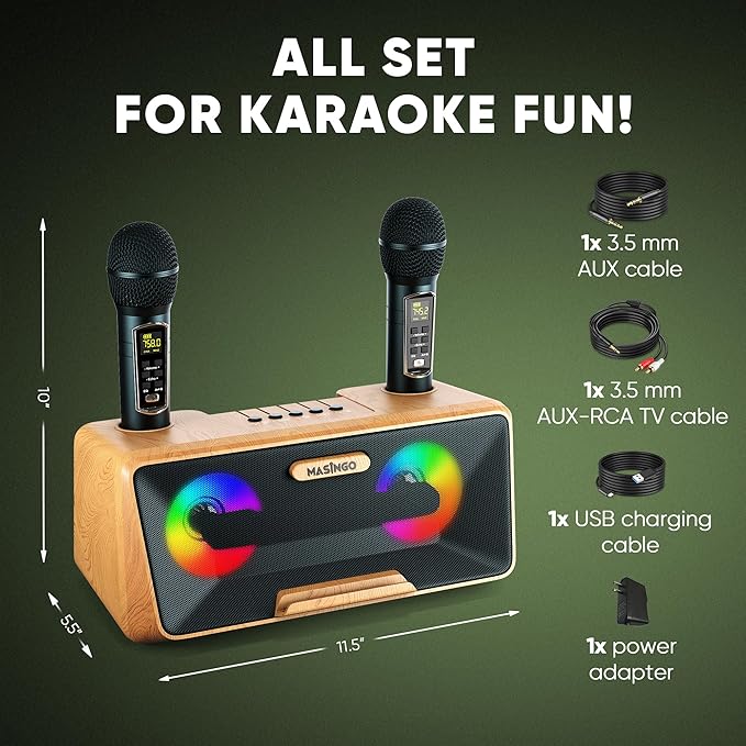 MASINGO Karaoke Machine for Adults and Kids with 2 Wireless Microphones, Portable Bluetooth Singing Speaker, Colorful LED Lights, PA System, Lyrics Display Phone Holder, and TV Cable. Presto G2 Wood