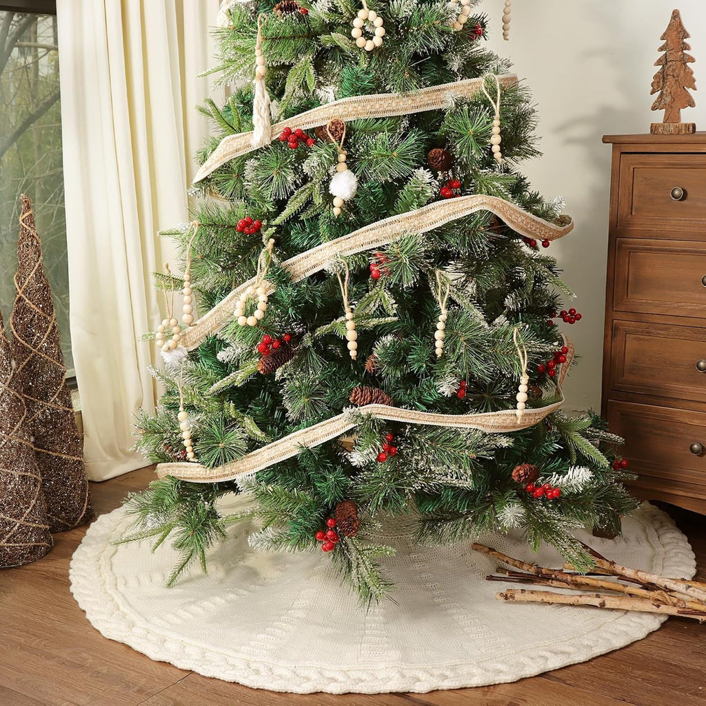 48 Inch Christmas Tree Skirt: Braided Cable Knit Tree Skirt for 7.5FT Tree, Cream White Tree Skirt, Vintage Tree Skirts, Rustic Farmhouse Christmas Decorations