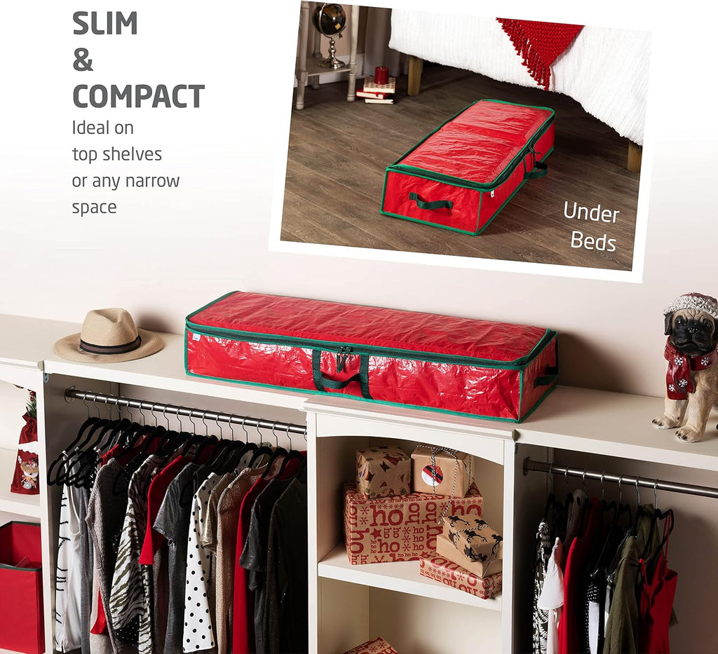 ZOBER Gift Wrapping Paper Organizer Storage - 40" Gift Wrap Storage Containers With Interior Pockets For Bows, Tags & Ribbons - Wrapping Paper Holder, Waterproof, Fits 24 Standard Rolls, Red
