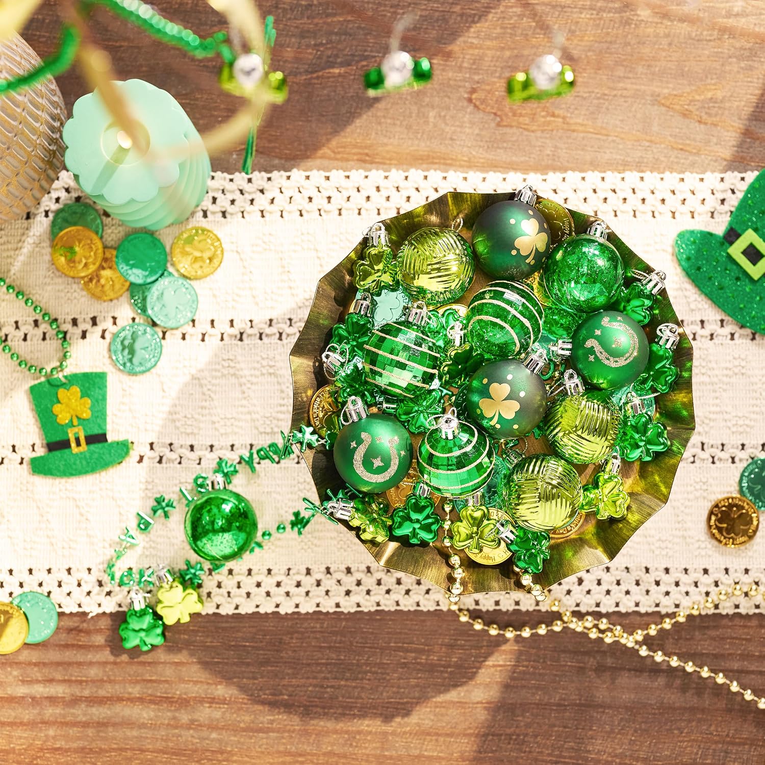 Valery Madelyn St Patricks Day Decorations Shamrock Tree Ornament Set, 36ct 2inch Hanging Ball Ornament Irish Festival Decor, Good Luck Clover Green Gold Christmas Ball for Party Home Spring
