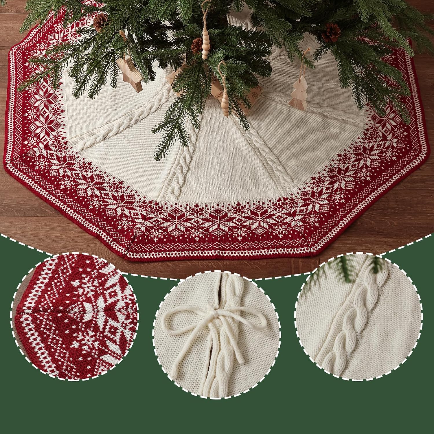 48 inch Christmas Tree Skirt: Cable Knit Tree Skirt with Red White Snowflake Polygon Edge, Tree Skirt for 7.5ft Tree, Vintage Tree Skirts, Rustic Farmhouse Christmas Decorations