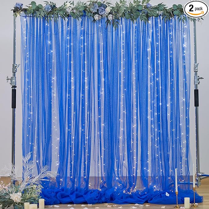Royal Blue Backdrop Curtains with Lights String for Wedding Parties Sheer Tulle Backdrop Curtain Panels for Bridal Shower Baby Shower Birthday Photo Shoot Background Decorations 2 Panels 10×10ft