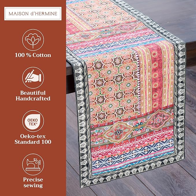Maison d' Hermine Table Runner 100% Cotton Single Layer Table Runners 72 inches Long for Thanksgiving Christmas Decorations Home Kitchen Dining Party Wedding (Ispahan, 14.5" x 72")