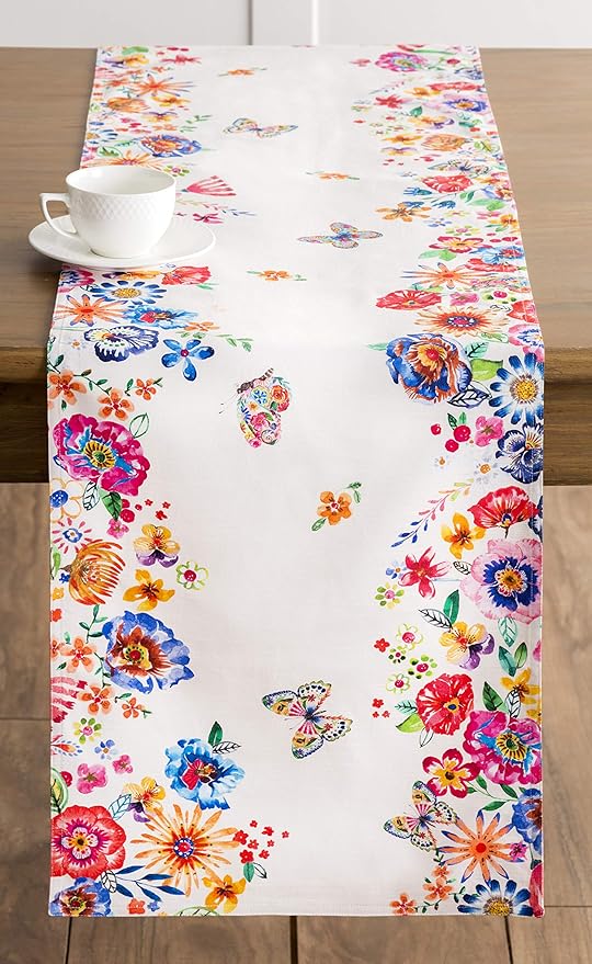 Maison d' Hermine Table Runner 100% Cotton Double Layer Table Runners 108 inches Long Decorative for Home Dining Party Wedding Bridal Shower Spring Summer (Happy Florals - High Summer, 14.50" x 108")