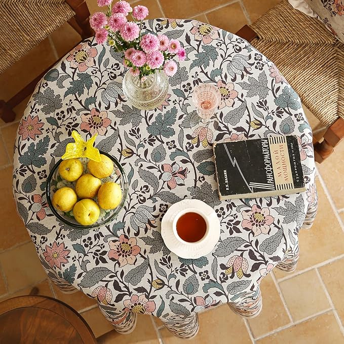 ISAENNE Designer Boho Floral Small Round Tablecloth,Linen Lotus Flower Pattern Colorful Table Cloth,Durable Decor Tablecloths for Dining Thanksgiving Kitchen Christmas,Diameter 55"-Hazel A
