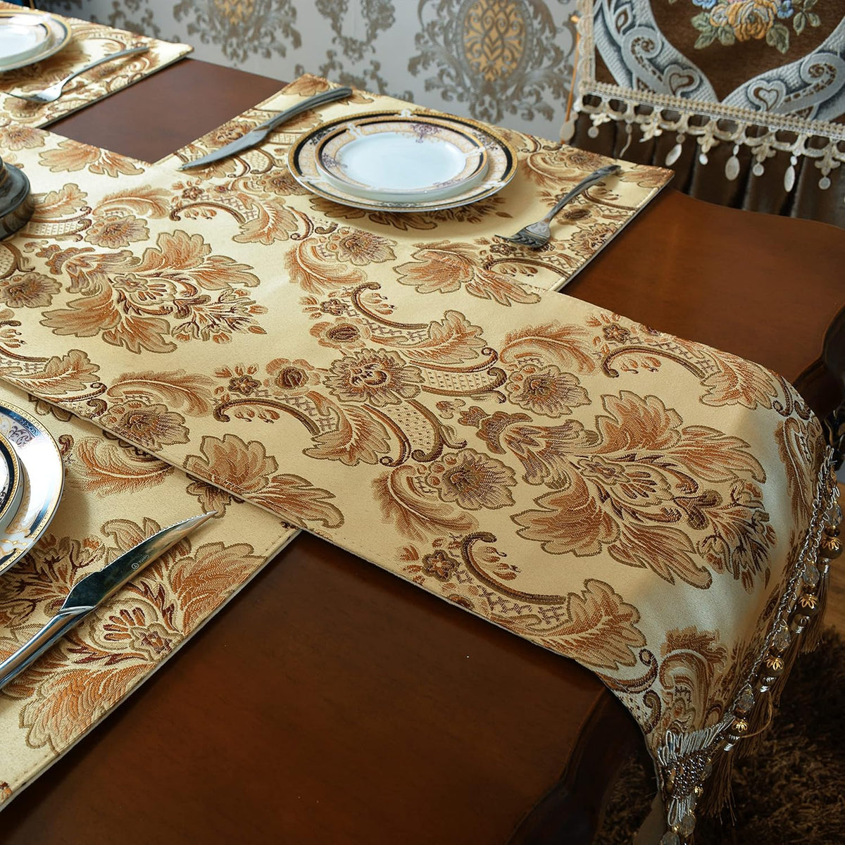 Luxury Velvet Gold Table Runner 90 Inches Long with Vintage Damask Jacquard D...
