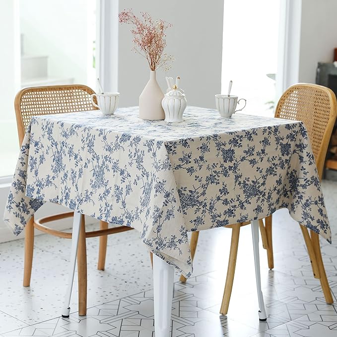 Pastoral Square Tablecloth - 52 x 52 Inch - Beige Linen Table Cloth - Washable Table Cover with Dust-Proof Wrinkle Resistant for Restaurant, Picnic, Indoor and Outdoor Dining, Floral (Dark Blue)