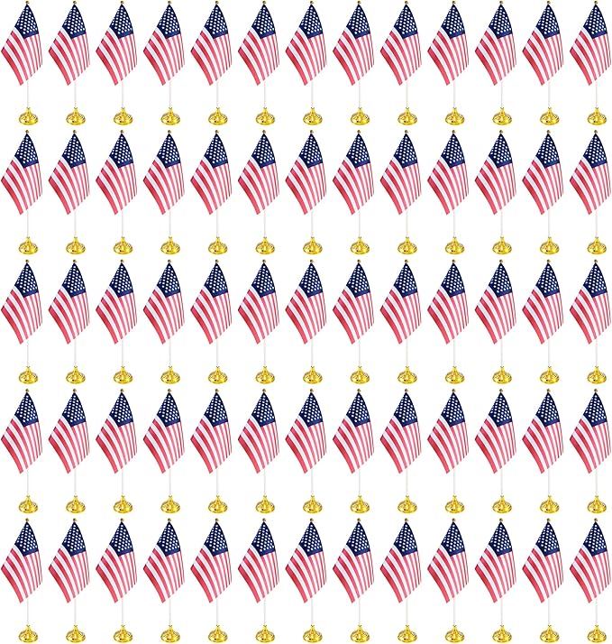 100 Pack USA US Desk Flags,Small Mini American Deluxe Table Flags Set with Stand Base，8.2 x 5.5 inches Miniature Desktop Flag